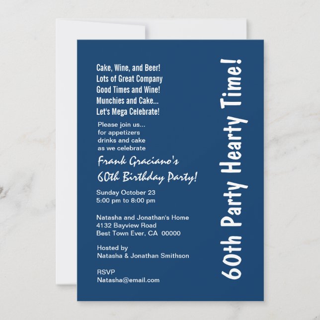 Modern 60th Birthday Party Hearty Blue and White Invitation (Front)
