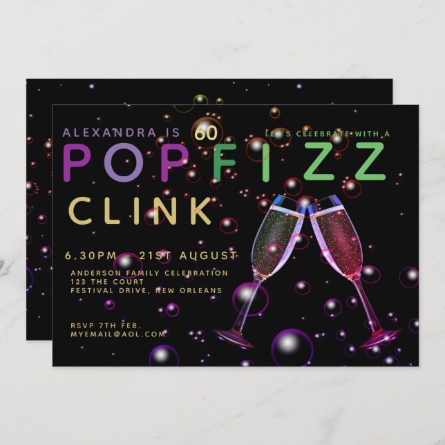 Modern 60th Birthday - POP FIZZ CLINK Champagne Invitation (Front/Back)