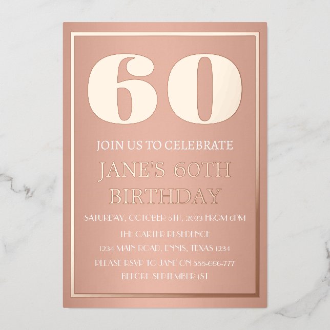 Modern 60th Birthday Rose Gold Foil QR Code (Front)