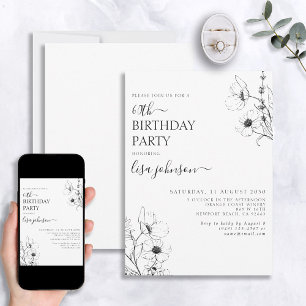 Modern 60th Birthday Script Black White Floral Invitation