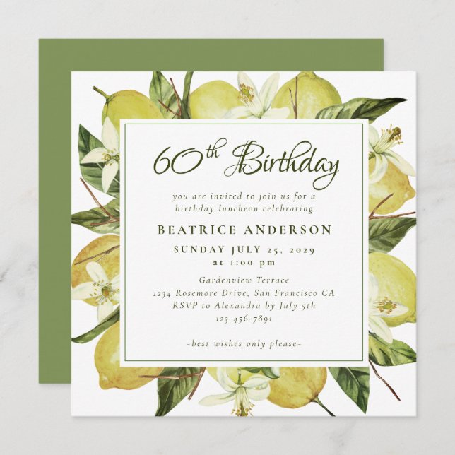 Modern 60th Birthday Watercolor Lemon Botanical Invitation (Front/Back)