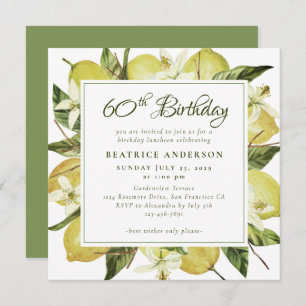 Modern 60th Birthday Watercolor Lemon Botanical Invitation