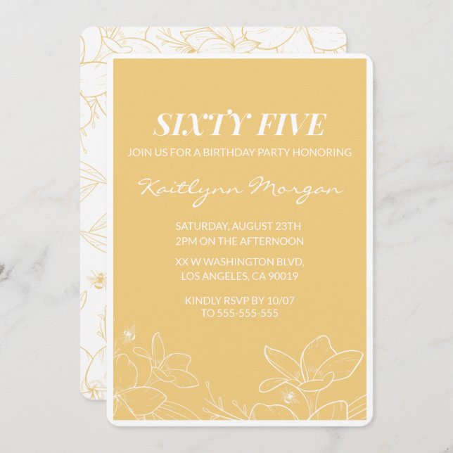 Modern 65th birthday invitations Floral Yellow (Front/Back)