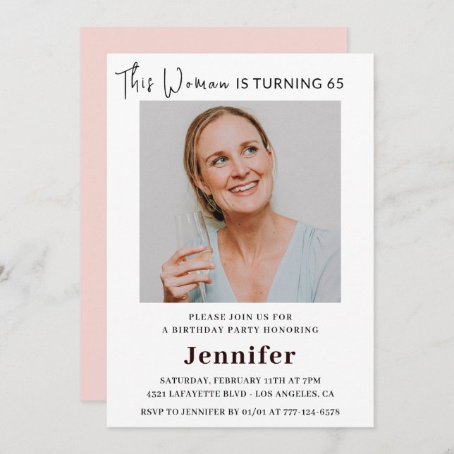 Modern 65th birthday invitations for her Photo (Front/Back)