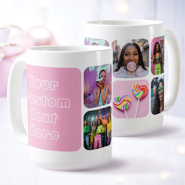 Modern 6 Custom Photo Text Besties Retro Pink Coffee Mug (Creator Uploaded)