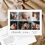 Modern 6 Photo Collage Baby Thank You Postcard<br><div class="desc">A sweet photo collage baby thank you card featuring a simple modern name 6 pictures on the front. The back is a mailable postcard with a large full name header and personal message from the family. Click the edit button to customise this design with your photos and details.</div>