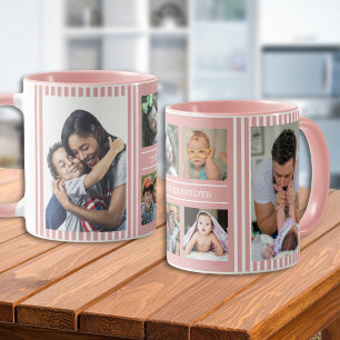 Modern 6 Photo Collage Family Name Pink Stripes Mug