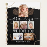 Modern 6 Photo Collage Grandma Personalised  Planner<br><div class="desc">Personalised 6 Photo Collage | Elegant Calligraphy Script Grandma We Love You Quote & Kids Names | Custom Planner | Black Modern Abstract Art Leaves Botanical Planner | Please keep the symbols on either side of the text to ensure that the font swoosh glyph stay on the text. You will...</div>