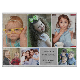 Modern 6 Photo Collage Quote Gray Family Name Cutting Board
