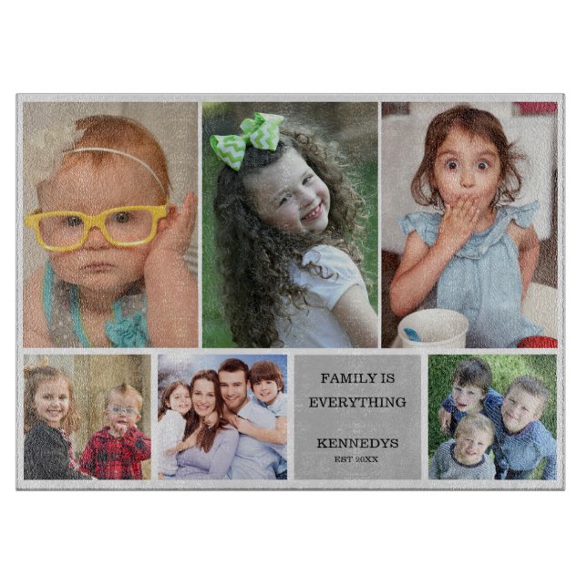 Modern 6 Photo Collage Quote Gray Family Name Cutting Board (Front)