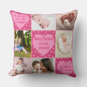 Modern 6 photo pink Baby Girl Birth Announcement Cushion