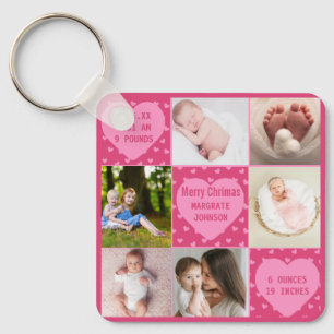 Modern 6 photo pink Baby Girl Birth Announcement Key Ring
