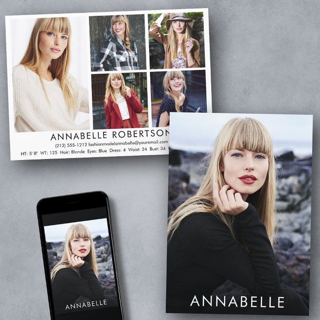 Modern 6 Photos Fashion Modelling Model Comp Card (Customize to change background color, text size or text style. Available for prints and download.)