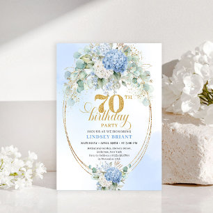 Modern 70th Birthday Light Blue Hydrangea Invites