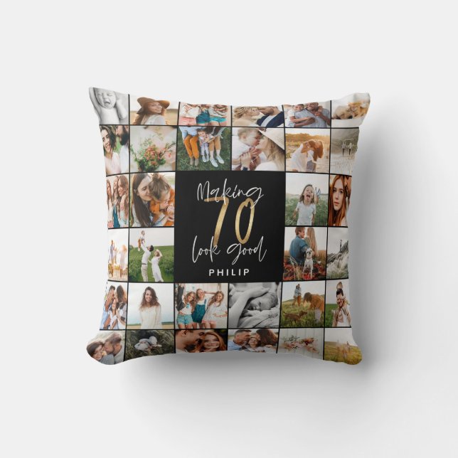 Modern 70th birthday multi photo script gift  cushion (Front)