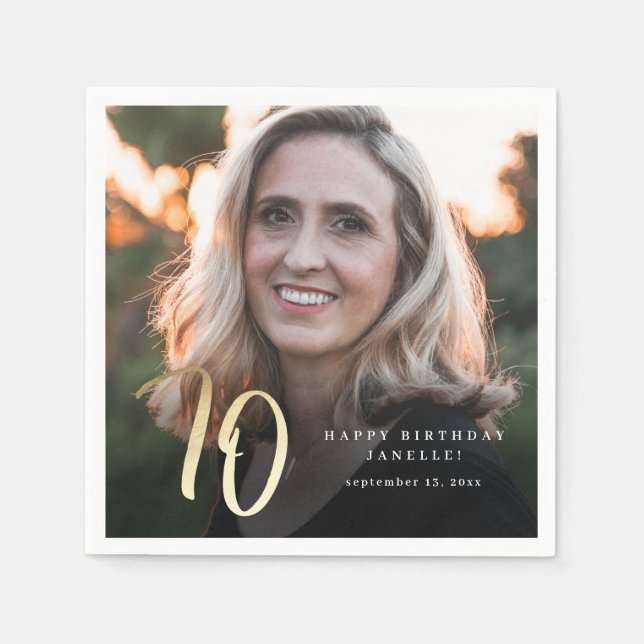 Modern 70th Birthday Photo Black & Gold Script Napkin (Front)