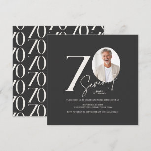 Modern 70th Birthday Photo Minimal Milestone Black Invitation