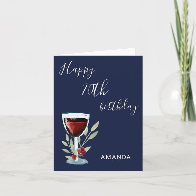 Modern 70th Happy Birthday Red Wine Navy Blue Card (Front)