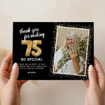 Modern 75th Adult Birthday Photo Thank You Card<br><div class="desc">Elegant 75th birthday party thank you cards featuring a stylish black background that can be changed to any colour,  a photo of the birthday girl / boy,  gold sparkly glitter,  seventy five gold hellium balloons,  and a modern thank you template that is easy to personalise.</div>