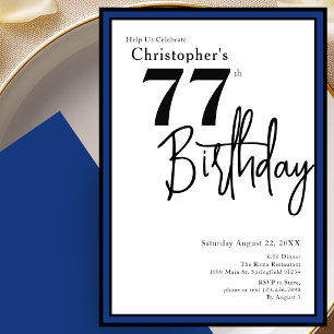 Modern 77th Birthday Invitation Elegant Black Blue