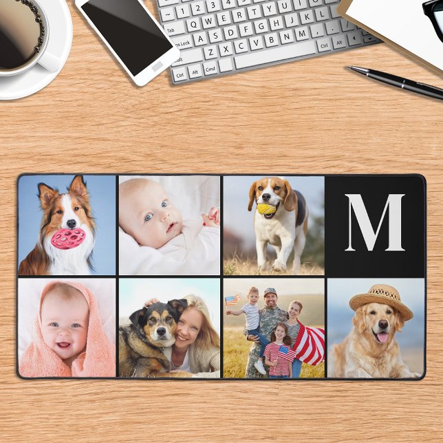 Modern 7 Photo Collage Custom Simple Monogram Desk Mat (Creator Uploaded)