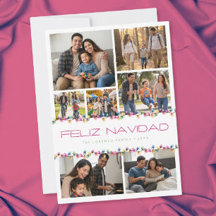 Modern 7 Photo Collage Feliz Navidad Lights Holiday Card