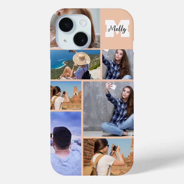 Modern 7-Photo Collage Name Monogram iPhone Case (Back)