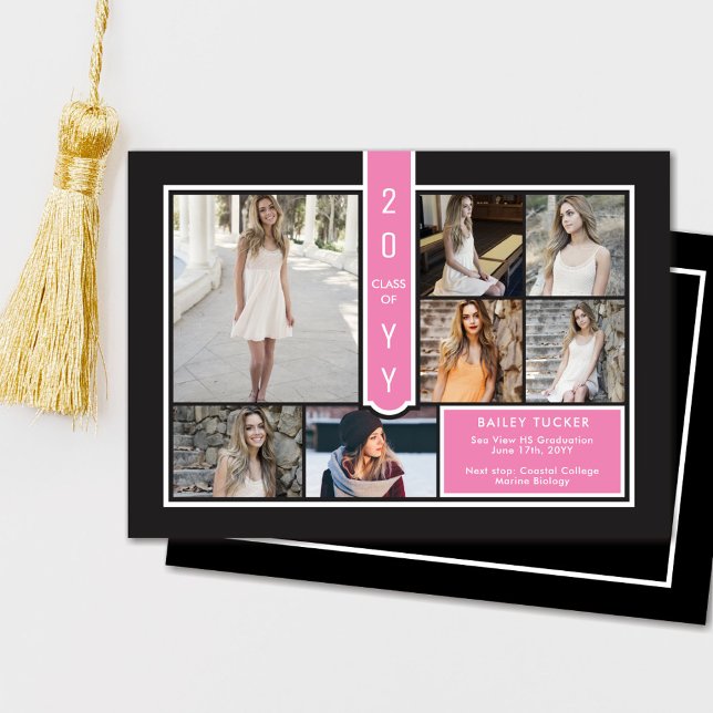 Modern 7-Photo College Girly Pink Black Graduation Announcement (Creator Uploaded)