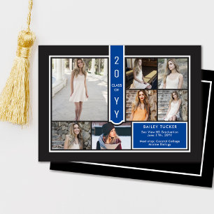 Modern 7-Photo College Navy Blue Black Graduation Announcement