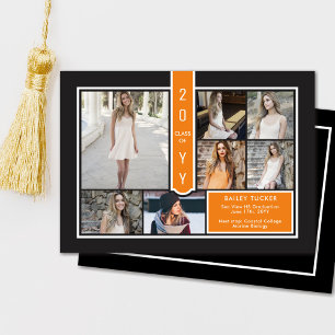 Modern 7-Photo College Orange and Black Graduation Announcement