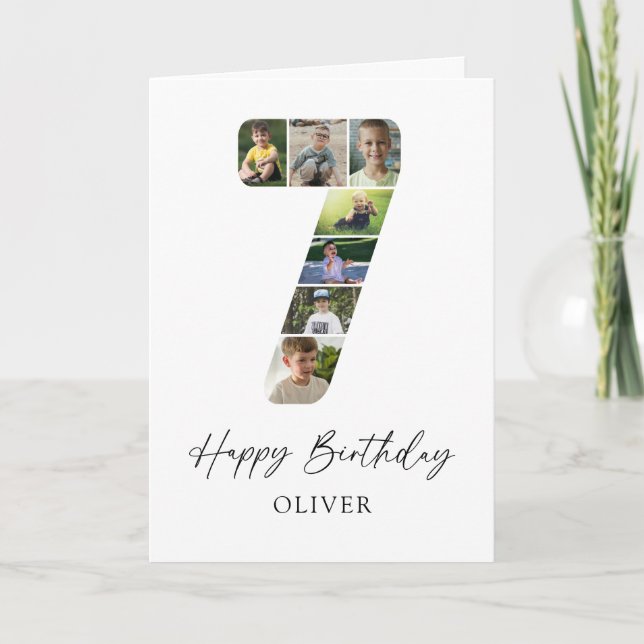 Modern 7th Birthday Photo Collage Card (Front)