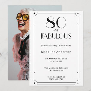Modern 80 & Fabulous Black White Photo Birthday Invitation