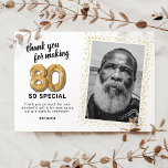 Modern 80th Adult Birthday Photo Thank You Card<br><div class="desc">Elegant eightieth birthday party thank you cards featuring a simple white background that can be changed to any colour,  a photo of the birthday girl / boy,  gold sparkly glitter,  eighty gold hellium balloons,  and a modern thank you template that is easy to personalise.</div>