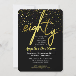 Modern 80th Birthday Black Gold Invitation