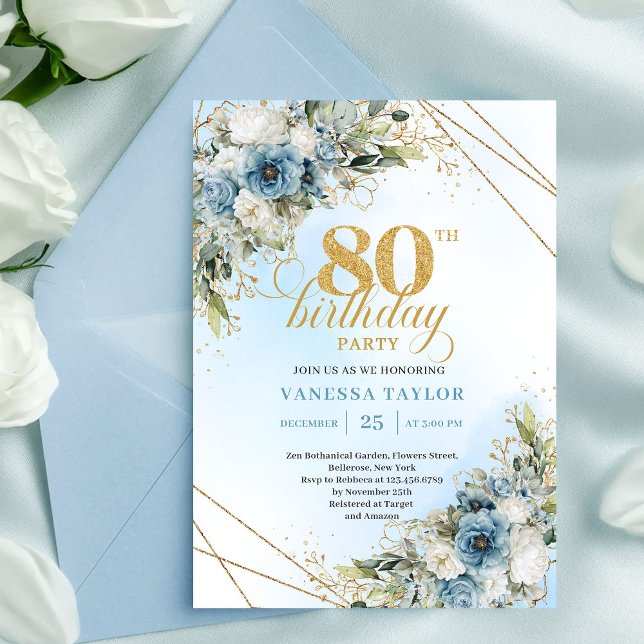 Modern 80th Birthday Invite Boho Dusty Blue Floral (Modern 80th Birthday Invite Boho Dusty Blue Florals)