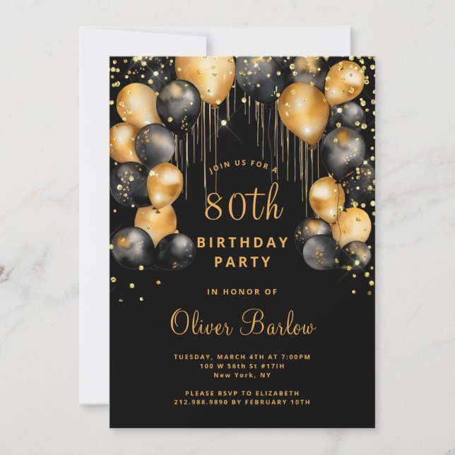 Modern 80th Birthday Party Black Gold  Invitation (Front)