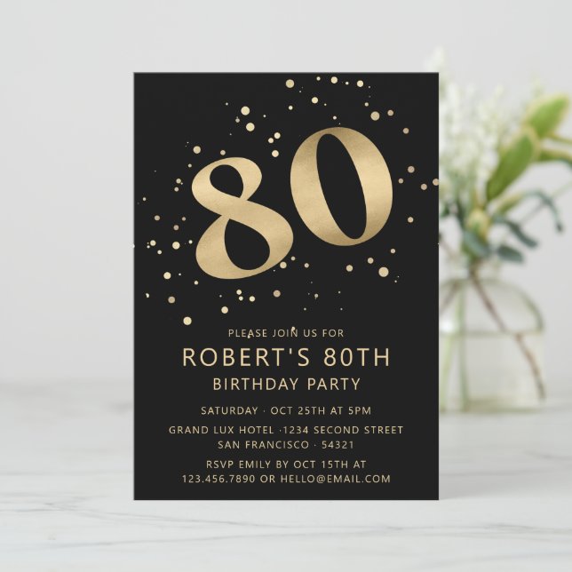 Modern 80th Eighty Birthday Photo Gold Glitter Invitation (Standing Front)