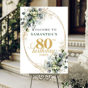 Modern 80th Greenery Gold Birthday Welcome Sign