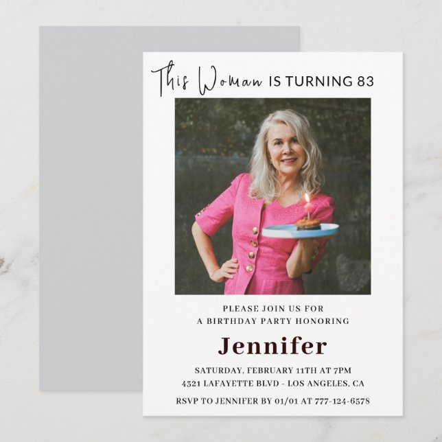 Modern 83rd birthday invitations for her Photo (Front/Back)