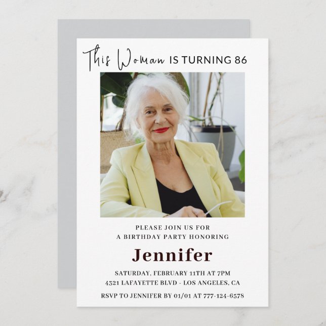 Modern 86th birthday invitations for her Photo (Front/Back)