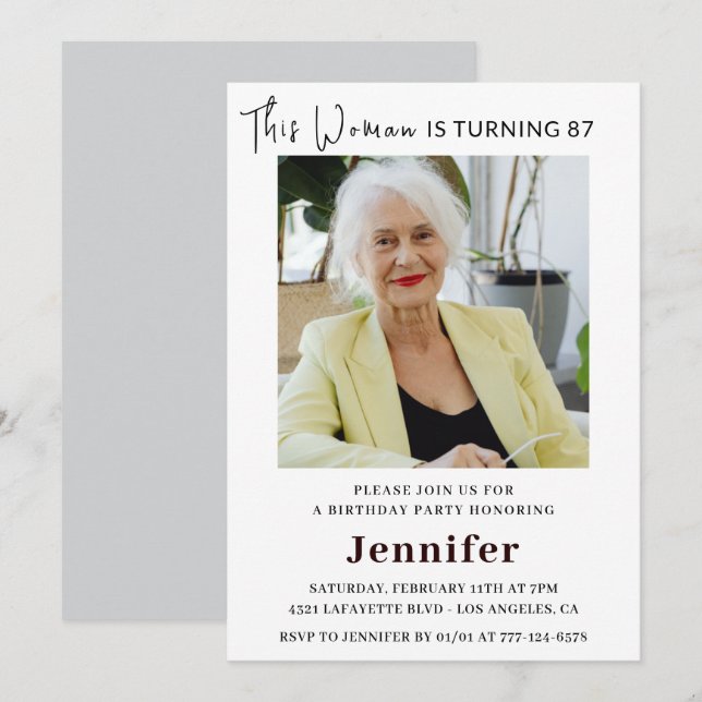 Modern 87th birthday invitations for her Photo (Front/Back)