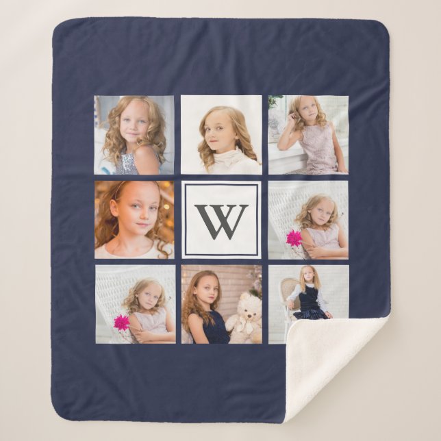 Modern 8 Family Photo Collage & Initial Letter Sherpa Blanket (Front)