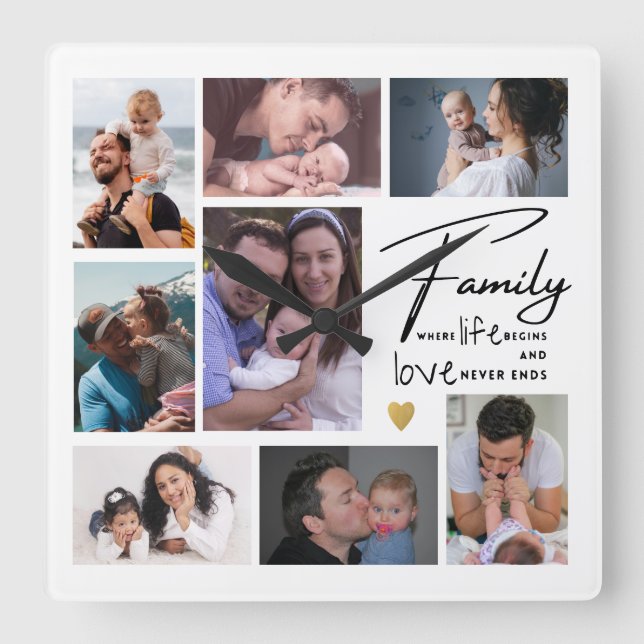 Modern 8 Photo Collage Family Quote Black & White Square Wall Clock (Front)