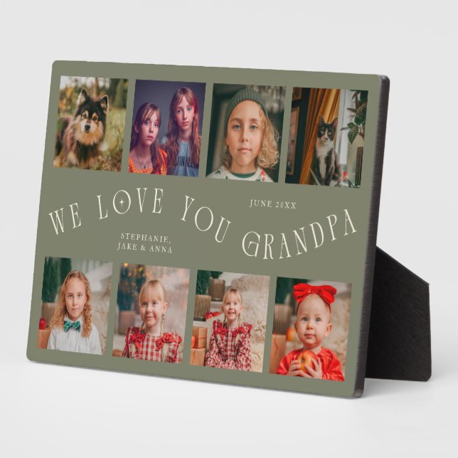 Modern 8 Photo Grid Love You Grandpa Sage Green Plaque (Side)
