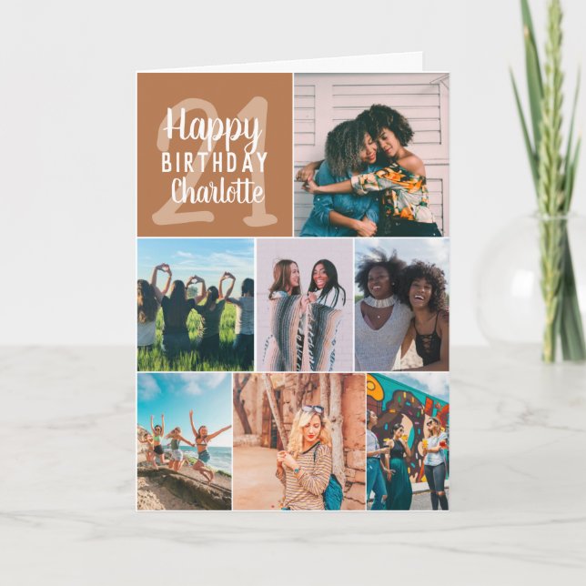Modern 8 photos boho terracotta 21st birthday card (Front)