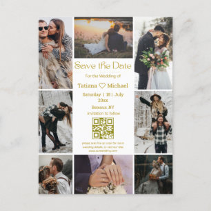 modern 8 photos collage qr code save the date gold announcement postcard