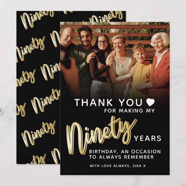 Modern 90th birthday gold black ninety script thank you card (Front/Back)