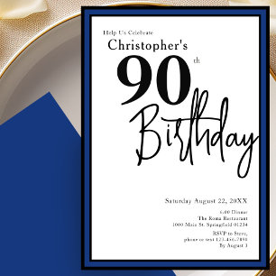 Modern 90th Birthday Invitation Elegant Black Blue