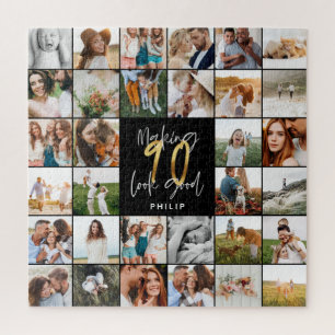 Modern 90th birthday multi photo script gift jigsaw puzzle