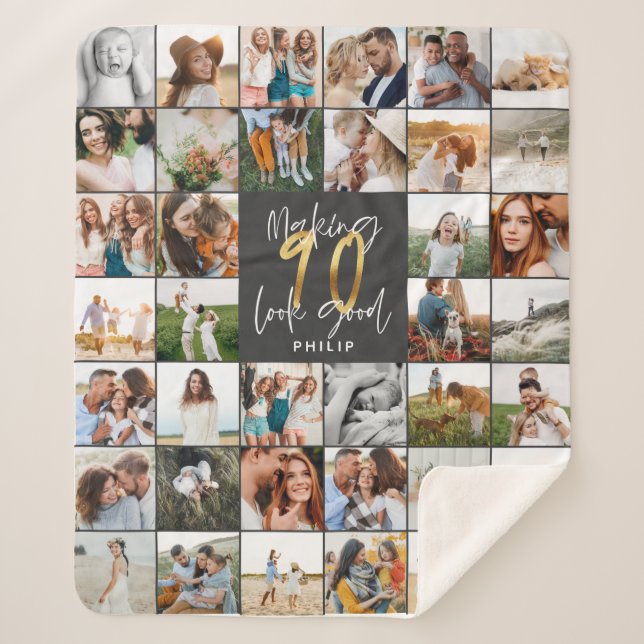 Modern 90th birthday multi photo script gift sherpa blanket (Front)